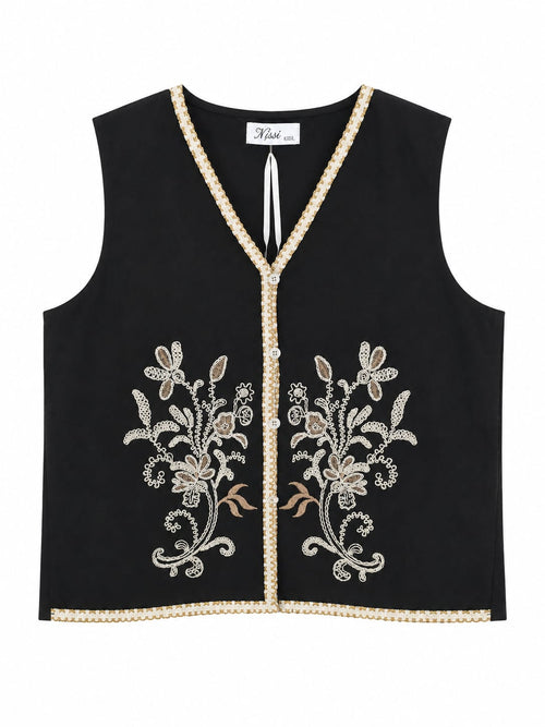 Colete bordado floral Preto