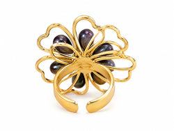 Anel Flor Pérola Preta Ajustável Dourado