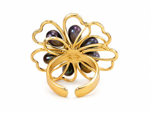 Anel Flor Pérola Preta Ajustável Dourado