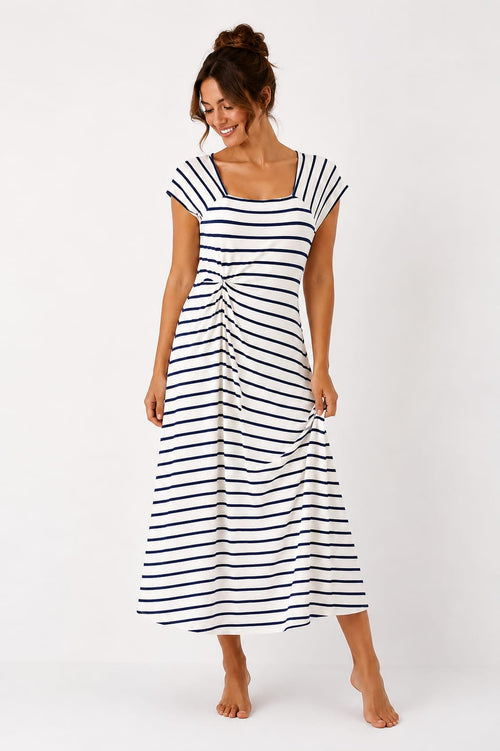 Vestido comprido listrado estilo náutico