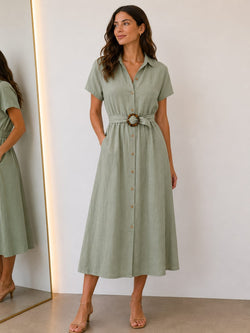 Vestido midi safari 100% algodão com cinto