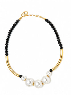 Colar pérolas e contas pretas dourado em aço inoxidável