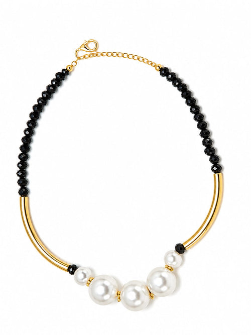 Colar pérolas e contas pretas dourado em aço inoxidável