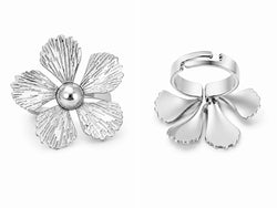 Anel Flor Pétalas Prateado Ajustável