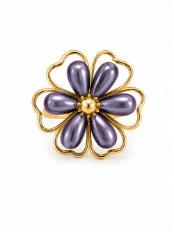 Anel Flor Pérola Preta Ajustável Dourado