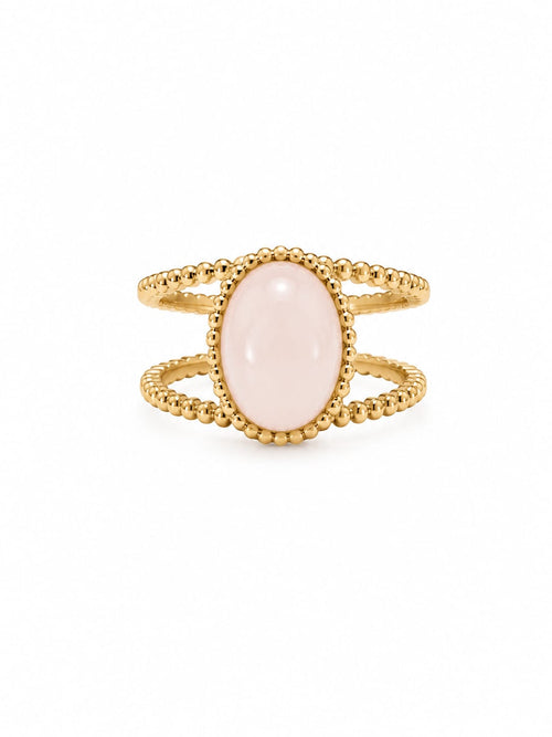 Anel Duplo Bolinhas Pedra Rosa Dourado Ajustável