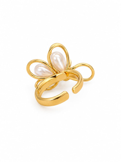 Anel Flor Pérola Ajustável Dourado