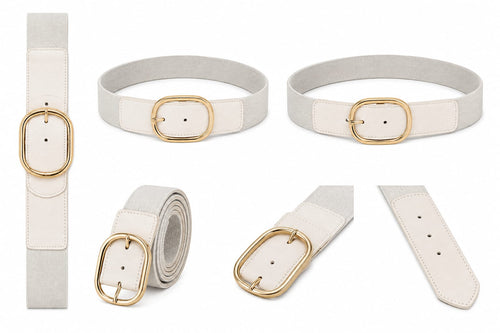 Cinto Elástico Largo Fivela Oval Dourada Creme