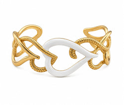 Pulseira Cuff Corações Esmalte Branco Dourada
