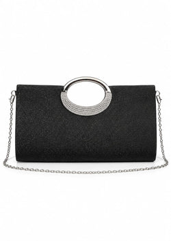 Clutch Glitter Preta Asa Circular Strass com corrente