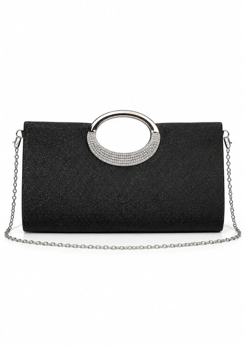 Clutch Glitter Preta Asa Circular Strass com corrente