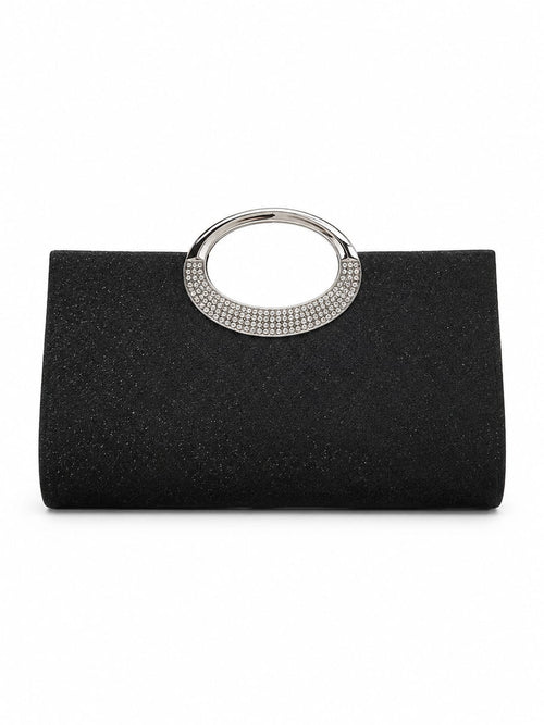 Clutch Glitter Preta Asa Circular Strass detalhe asa