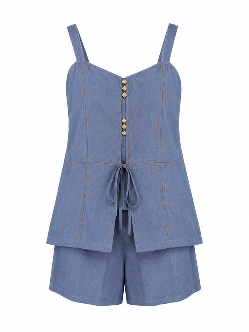 Conjunto Top e Shorts com Botões Azul Claro
