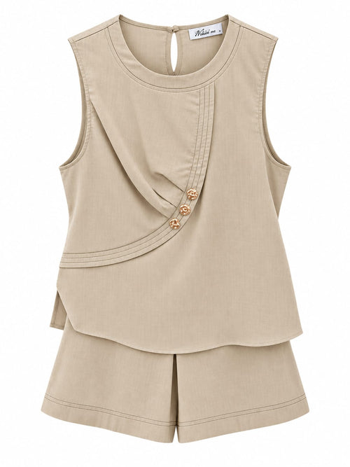 Conjunto Top e Calções Botões Dourados Kaki - Frente