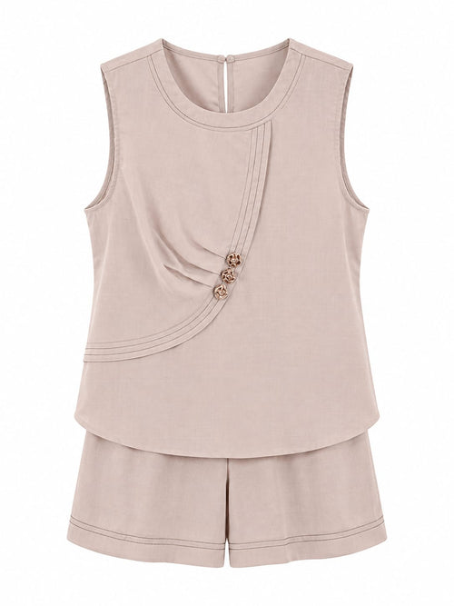 Conjunto Top e Calções Botões Dourados Beige - Frente