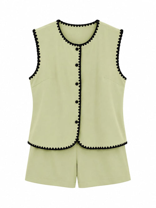 Conjunto Colete e Calções Bordado Zigzag Verde - Frente