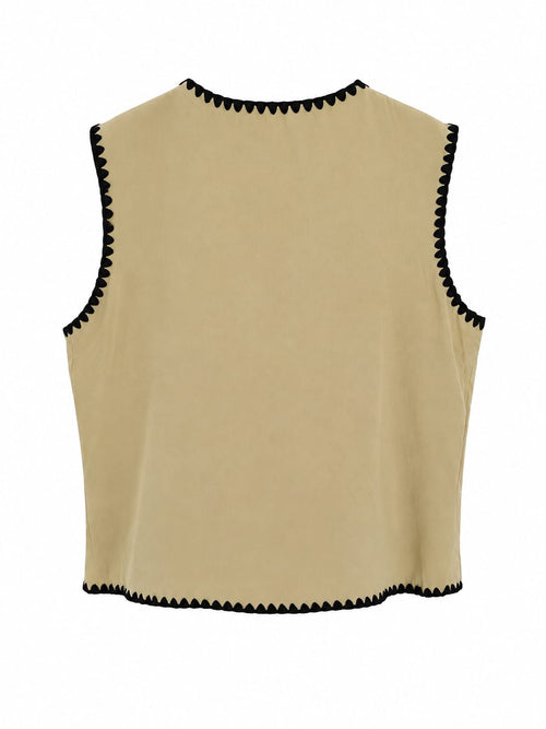 Conjunto Colete e Calções Bordado Zigzag Beige - Costas