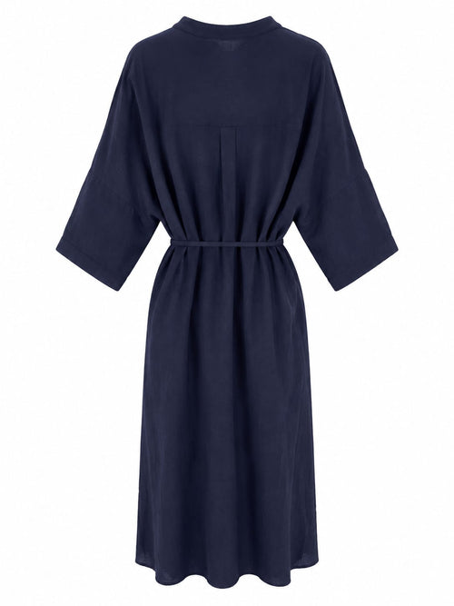 Vestido Midi Bordado com Cinto Azul Escuro - Costas