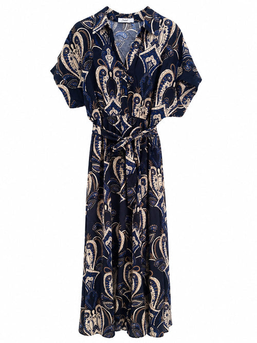 Vestido Midi Paisley com Cinto Azul Escuro