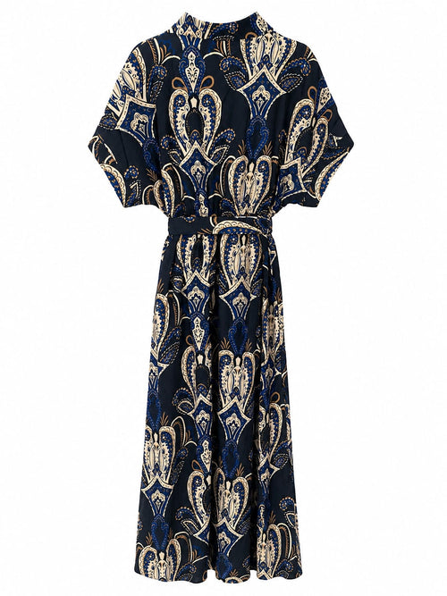 Vestido Midi Paisley com Cinto Azul Escuro - Costas