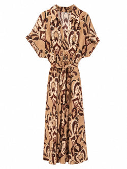 Vestido Midi Paisley com Cinto Beige - Frente