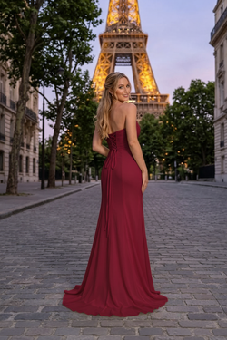 Vestido bustier sereia drapeado bordô costas