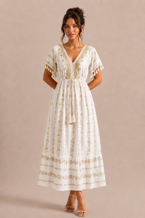 Vestido Bordado Dourado Miss Sara Branco