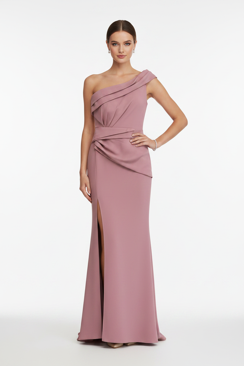 Vestido de Gala One-Shoulder Rosa Velho - cintura justa drapeado discreto