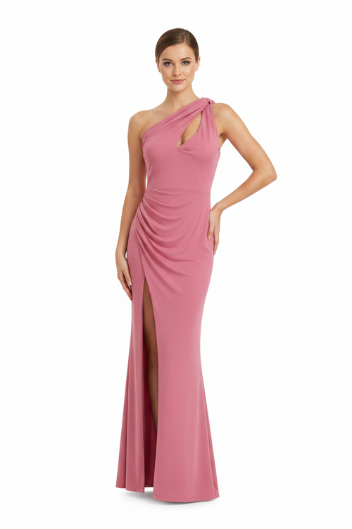 Vestido sereia maxi one shoulder rosa com fenda