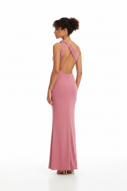 Vestido sereia maxi one shoulder rosa com fenda