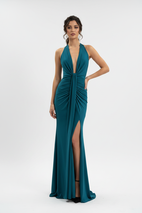 Vestido teal frente com modelo