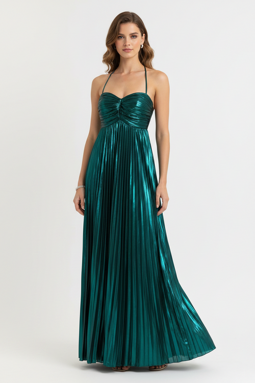 Vestido Longo Plissado Verde Metálico